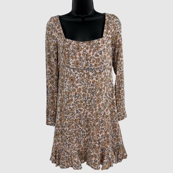 Free People Boheme Long Sleeve Square Neck Mini Dress in Ivory Floral | Size 6 - Picture 3 of 9